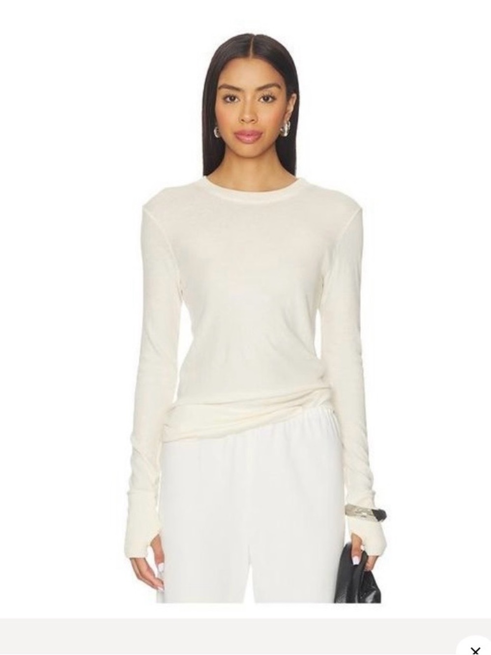 Enza Costa  Cashmere Cream White Color Block Long-Sleeve Crewneck Top